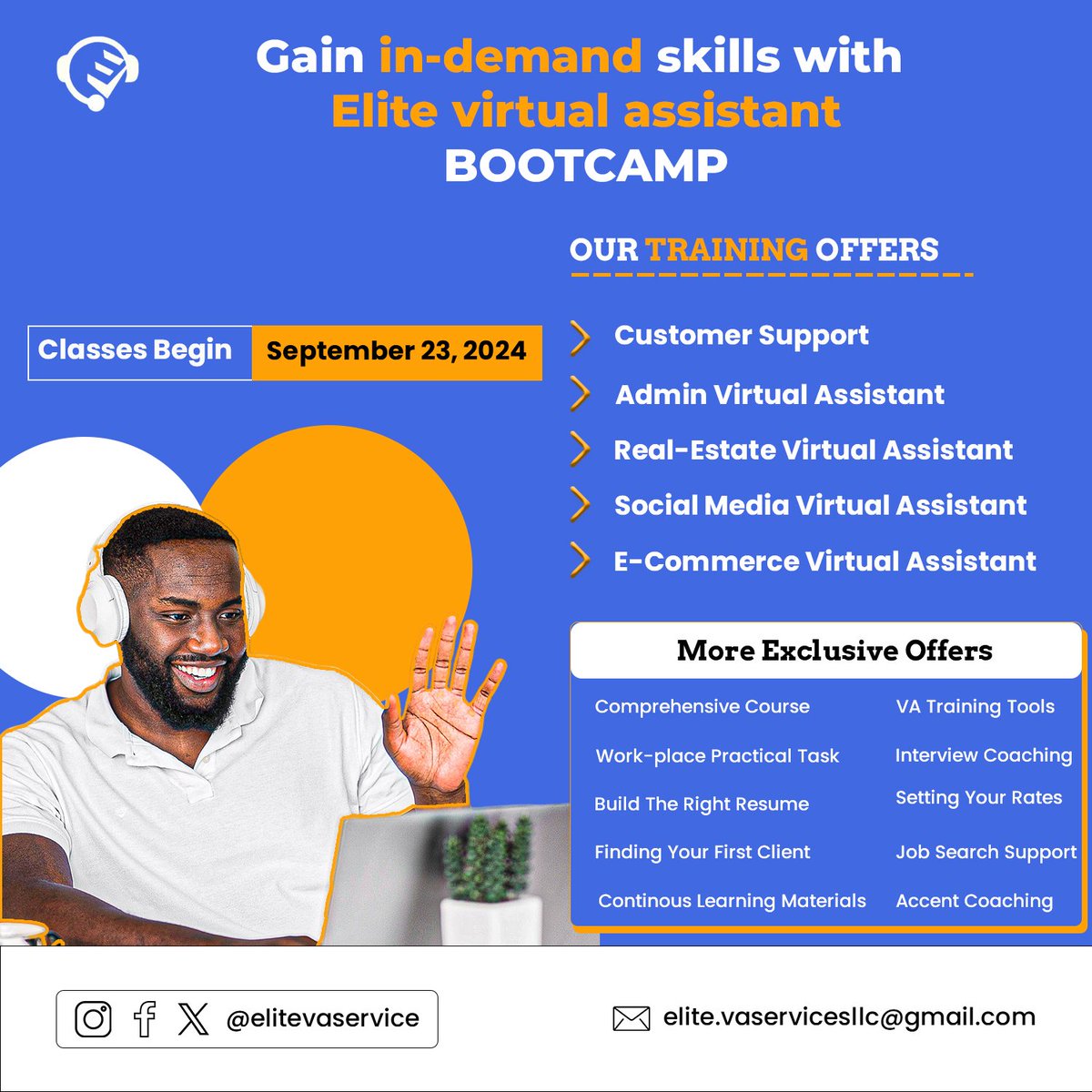 🚀 Ready to kickstart your virtual assistant career? Join Elite VA Services' NEW bootcamp! 🎓 Learn the skills you need to excel as a Virtual Assistant, Cold Caller, or Social Media Manager. 💻 Spots are limited, so sign up now! #VirtualAssistant #RemoteWork #EVABOOTCAMP