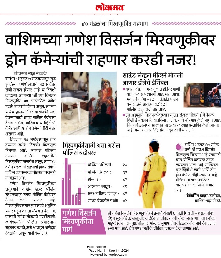 #गणेशोत्सव_२०२४ |  गणेश विसर्जन मिरवणूकीमध्ये कुठेही अनुचित प्रकार घडू नये, यासाठी तगडा पोलिस बंदोबस्त, गणेश विसर्जन मिरवणुकीवर ड्रोन कॅमेऱ्यांची राहणार करडी नजर ! साऊंड लेव्हल मीटरने मोजली जाणार डीजेचे डेसिबल..
<a href="/DGPMaharashtra/">महाराष्ट्र पोलीस - Maharashtra Police</a> 
<a href="/IGP_AmtRange/">IGP AMRAVATI RANGE</a> 
<a href="/maharashtra_hmo/">HMO Maharashtra</a> 
<a href="/InfoWashim/">जिल्हा माहिती कार्यालय वाशिम</a>