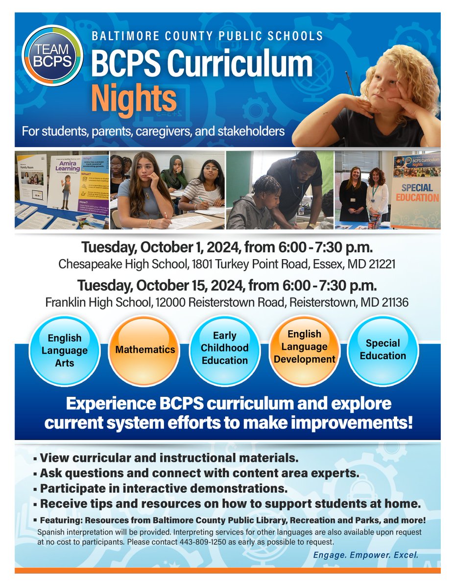 Baltimore County Public Schools (@baltcops) on Twitter photo 🧠 #TeamBCPS Curriculum Nights are BACK with two dates to kick off the 2024-2025 school year! Don't miss the opportunity to explore instructional materials and connect with content area experts. 🧠 #TeamBCPS Curriculum Nights are BACK with two dates to kick off the 2024-2025 school year! Don't miss the opportunity to explore instructional materials and connect with content area experts.