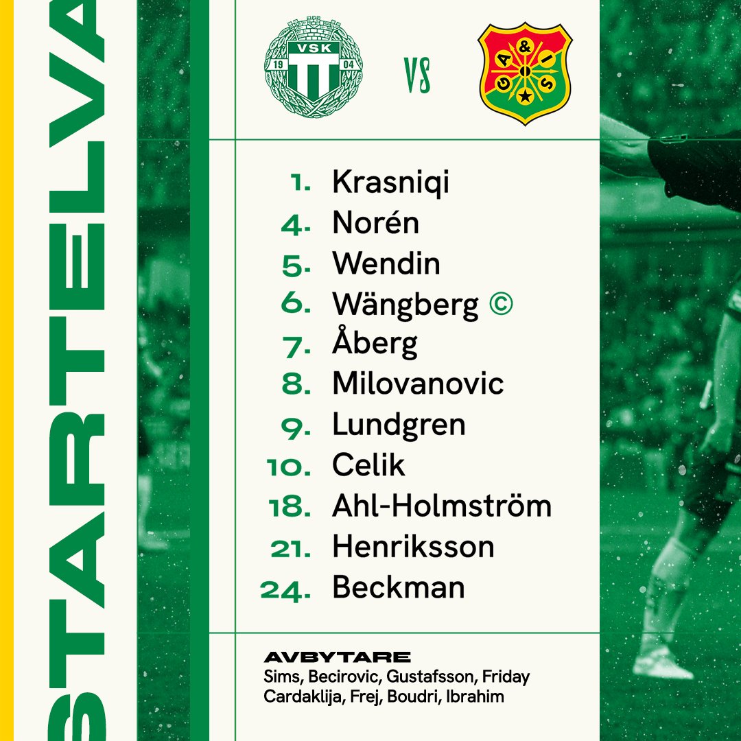 GAIS_SE's tweet photo. Startelvan mot Västerås! Avspark 15.00.

Krasniqi -
Wängberg, Norén, Beckman, Wendin -
Henriksson, Åberg, Milovanovic -
Lundgren, Ahl-Holmström, Celik https://t.co/5HDEzfkFgt