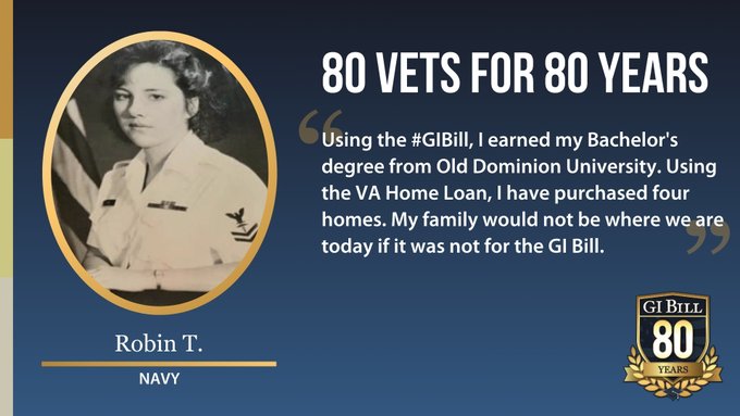 MDVAHCS's tweet image. While in the Navy, Robin obtained an Associate's degree &amp;amp; using the #GIBill earned her Bachelor’s degree. She applied for VR&amp;amp;E benefits which led to her career with VA. Using the VA Home Loan program, she has purchased 4 homes. #80Vetsfor80Years #IUsedMyGIBill