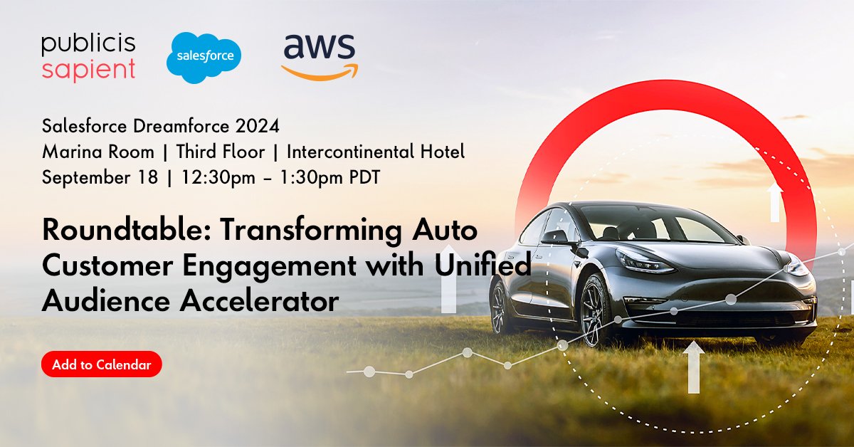 Attention automotive leaders at #Dreamforce2024! 
Discover how to revolutionize your customer engagement strategy. Join Publicis Sapient's roundtable on "Transforming Automotive Customer Engagement with Unified Audience Accelerator." 
Register now! 
 sforce.co/3MNEgFv