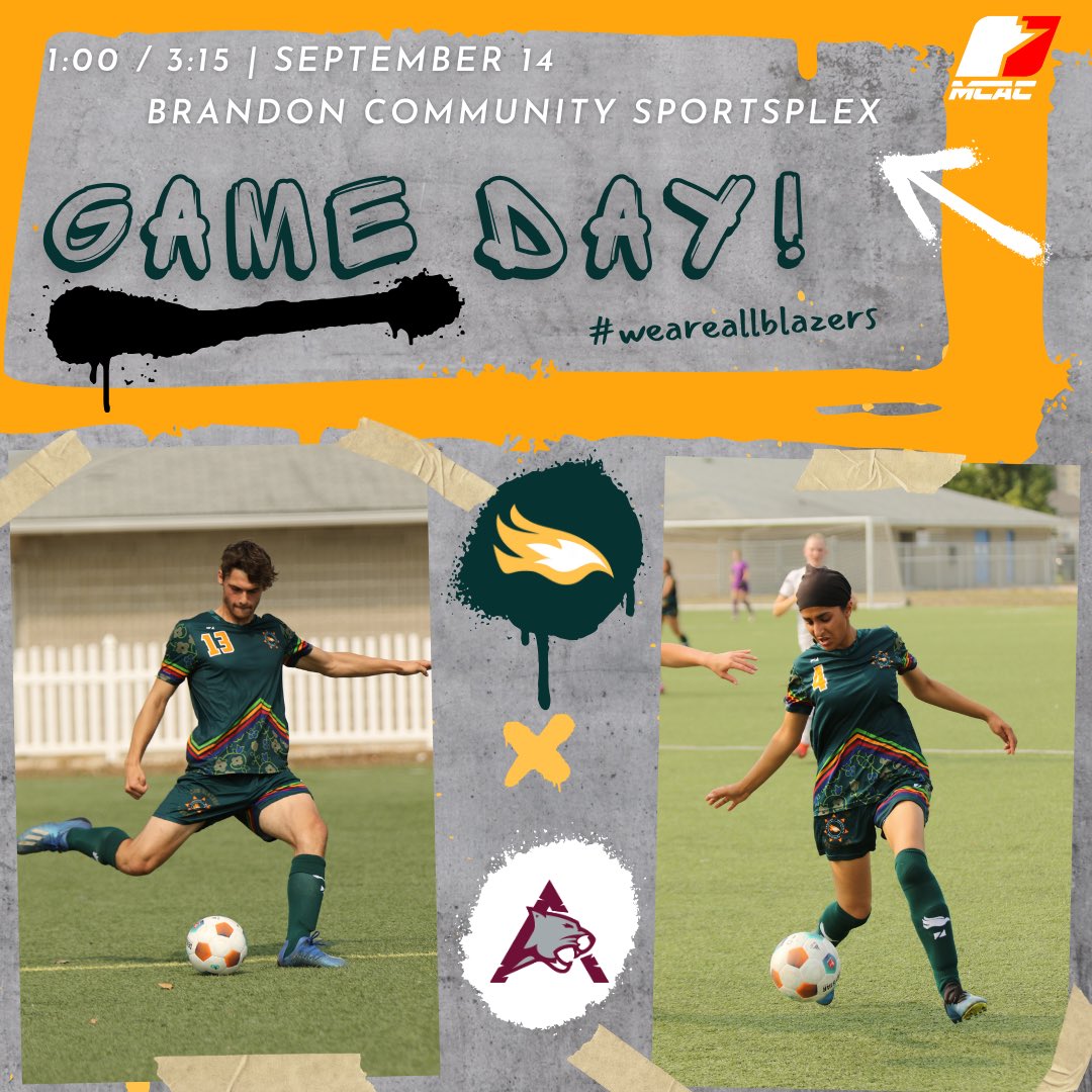 CMU Blazers (@blazerscmu) on Twitter photo ⚽️ With both sides equal on points early in the @mcacathletics season, the Blazers seek some separation in the standings as they visit Western Manitoba in today’s matinees!
🆚 <a href="/cougars_athl/">Assiniboine Cougars</a>
📍 Brandon Community Sportsplex
⏰ 1:00 (m) / 3:15 (w)
#weareallblazers @lovethedove
🕊 ⚽️ With both sides equal on points early in the @mcacathletics season, the Blazers seek some separation in the standings as they visit Western Manitoba in today’s matinees!
🆚 <a href="/cougars_athl/">Assiniboine Cougars</a>
📍 Brandon Community Sportsplex
⏰ 1:00 (m) / 3:15 (w)
#weareallblazers @lovethedove
🕊