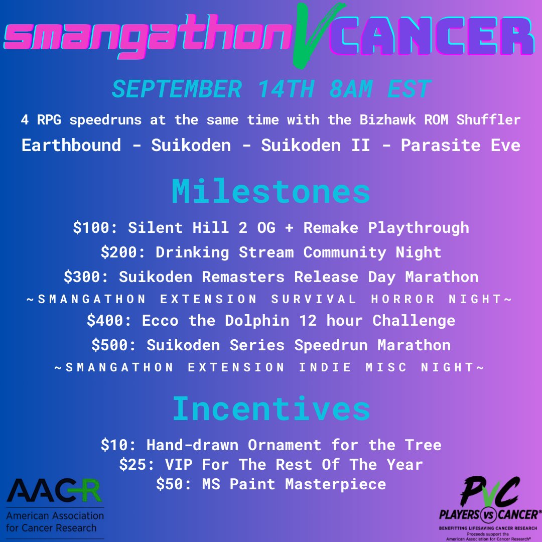 RJsmangit's tweet photo. The time is now! Smangathon 4 is live!

I'm attempting a 4 RPG speedrun shuffler in an effort to raise money in support of @playersvscancer 

Come hangout for the inevitable hijinks and let me draw stuff (badly) for you in the name of fighting cancer! 😤 
https://t.co/Klq3JsQt7V https://t.co/TxwuAUumHG
