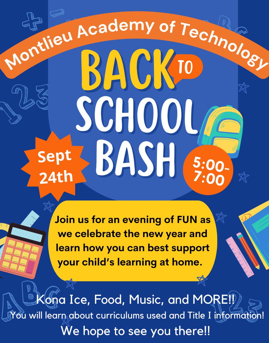 Join us for the Back To School Bash 3-in-1. We will discuss Title 1 information, curriculum updates and enjoy good food and music.