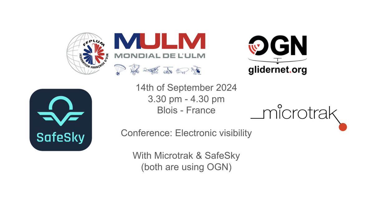 OpenGliderNet's tweet image. If you are today at the world microlight event at Blois (France), at 3.30 pm French time, you can follow a conference (at the paramotor village) related to &apos;Electronic visibility&apos; with Microtrak &amp;amp; SafeSky which both are using OGN network.
mondialulm.fr/en/