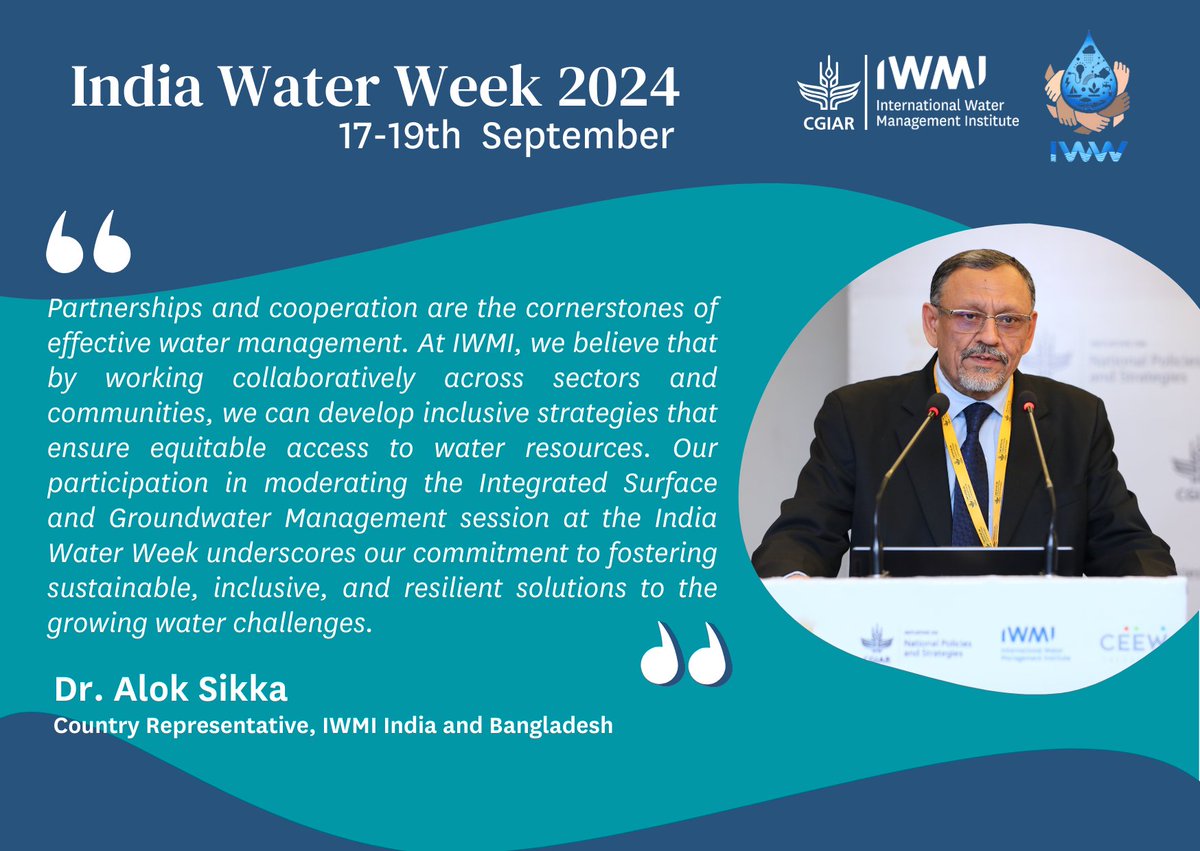 IWMI (@iwmi_) on Twitter photo 📢 Join us at #IndiaWaterWeek2024 next Wednesday and hear from <a href="/DrAlokSikka1/">Dr. Alok Sikka</a> as he shares insights on "Integrated Surface Water and Groundwater Management."
📆 18 Sep
▶️ on.cgiar.org/4datVOp 📢 Join us at #IndiaWaterWeek2024 next Wednesday and hear from <a href="/DrAlokSikka1/">Dr. Alok Sikka</a> as he shares insights on "Integrated Surface Water and Groundwater Management."
📆 18 Sep
▶️ on.cgiar.org/4datVOp