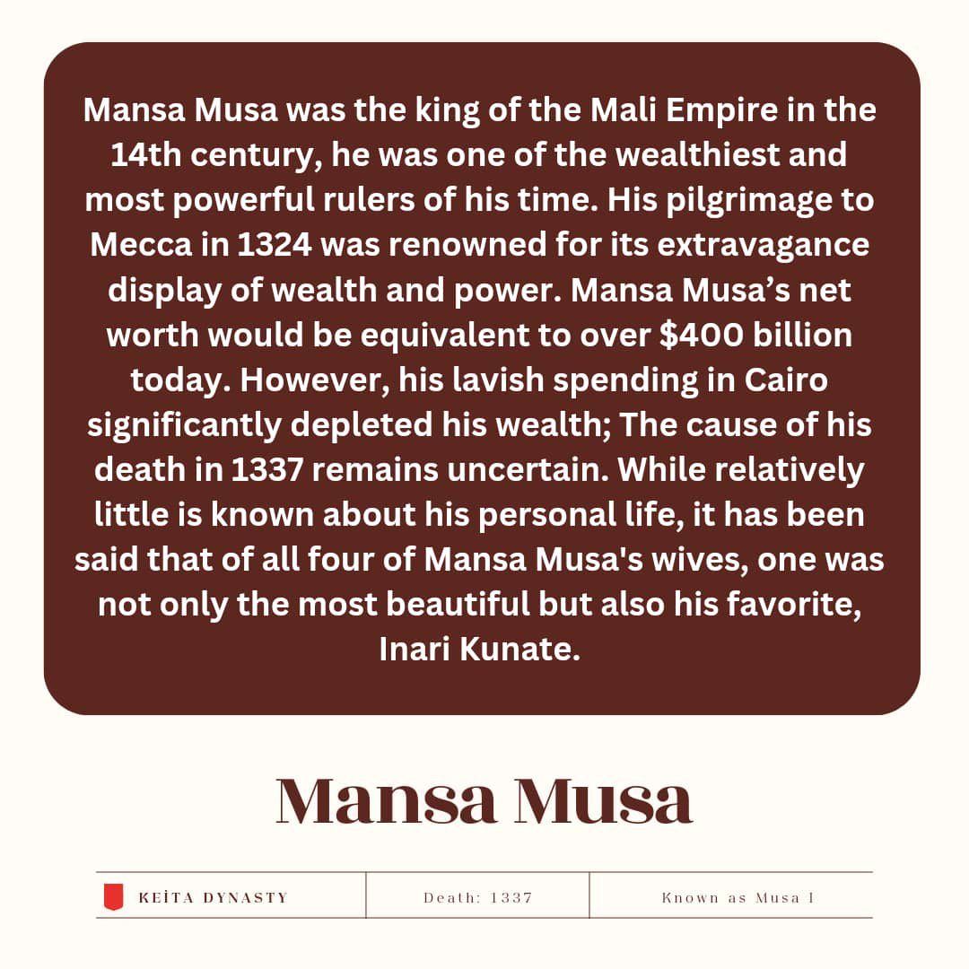ArchiveAlivex's tweet photo. Wealth, power, and legacy!
Meet Mansa Musa, the wealthiest king in African history. 

Slide #1: Depiction of Mansa Musa, ruler of the Mali Empire in the 14th century, from the 1375 Catalan Atlas. https://t.co/cZCRlMqNmM