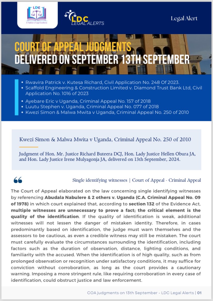 #LDCLegalAlert : Kwezi Simon &amp; Malwa Mwita v Uganda, Criminal Appeal No. 250 of 2010 Judgment of Hon. Mr. Justice Richard Buteera DCJ, Hon. Lady Justice Hellen Obura JA, and Hon. Lady Justice Irene Mulyagonja JA, delivered ….

Full PDF 🔗: drive.google.com/file/d/1ZGh8Ah… | 
#LDCUgCT