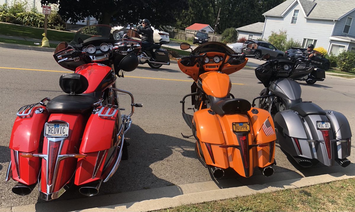 TobyBarrettHN's tweet photo. Port Dover- Three loyal Vic riders in from New York State … they don’t make these anymore.
#VictoryMotorcycles #PD13
#Fridaythe13th https://t.co/Wtxh3gr54Z
