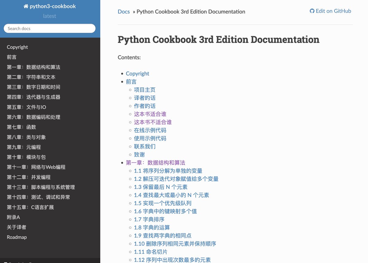 knowledgefxg's tweet image. 发现一份很深很细的python文档教程,帮助你多掉点头发⬇️
该网站是 《Python Cookbook》第三版 的中文在线版,提供了大量的高级Python…
