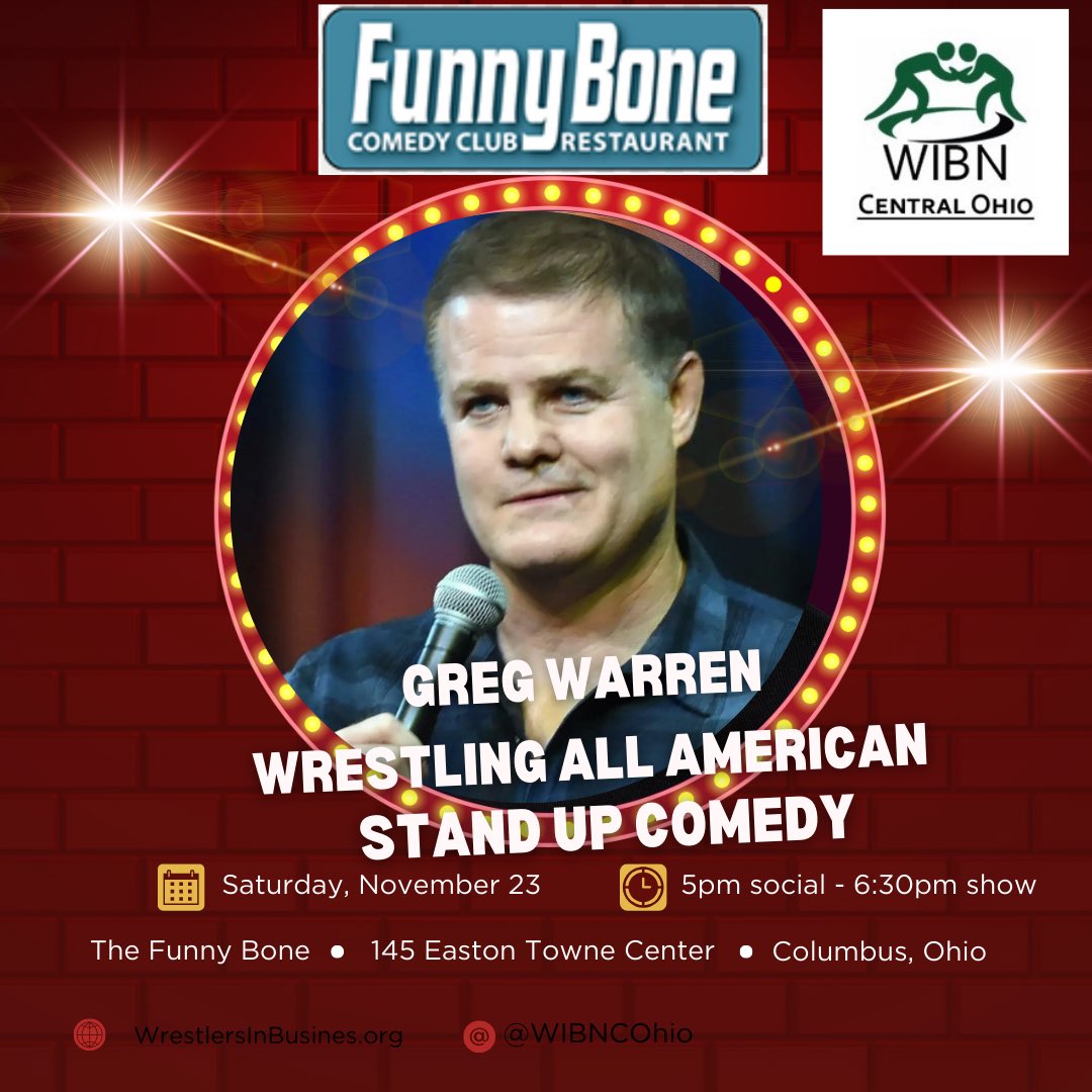 📣 SAVE THE DATE 📣
Saturday November 23RD will be a night to remember! Comedian &amp; All American wrestler Greg Warren will be doing a special set on wrestling for our WIBN Central Ohio fundraiser at the Funny Bone at Easton. Tickets will include a VIP happy hour &amp; food. Be there!!