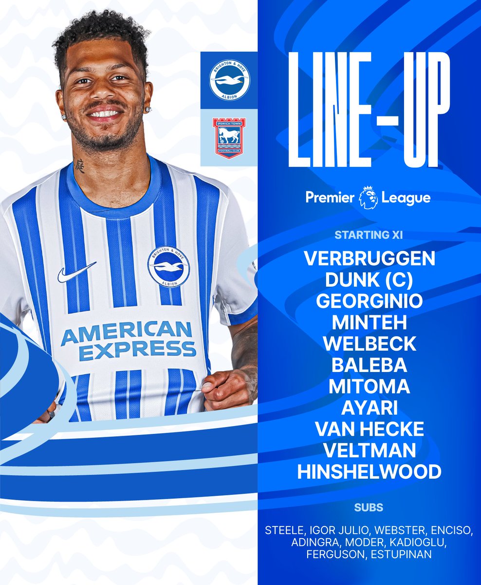 OfficialBHAFC's tweet photo. TEAM NEWS! 🚨 Here's our starting XI to face @IpswichTown this afternoon. 👀📝 https://t.co/T0EnSMjKVf