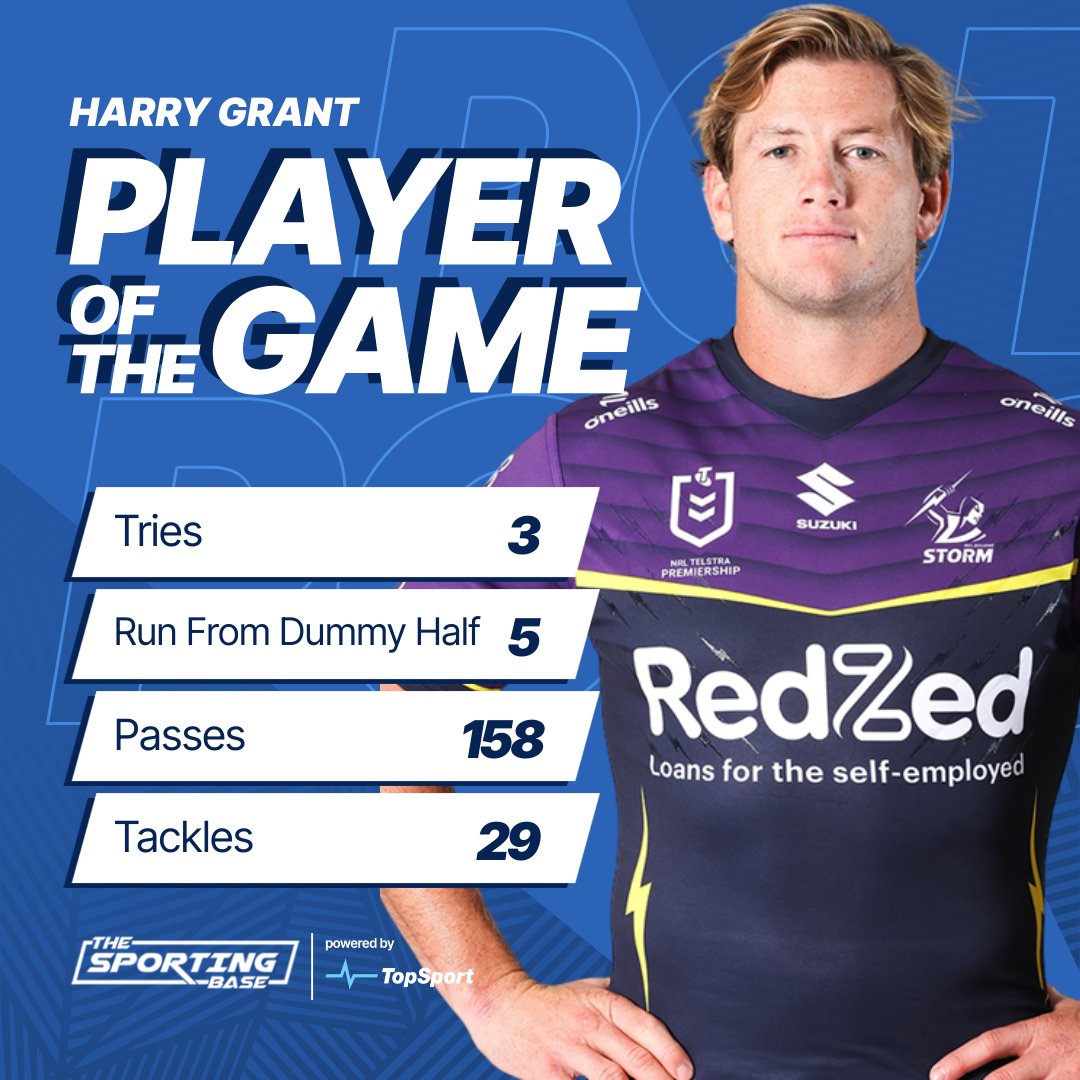 BaseNrl's tweet image. 🚨🏉 The Storm were relentless today, thrashing the Sharks 37-10. Harry Grant ran in three tries to earn our Man of the Match.