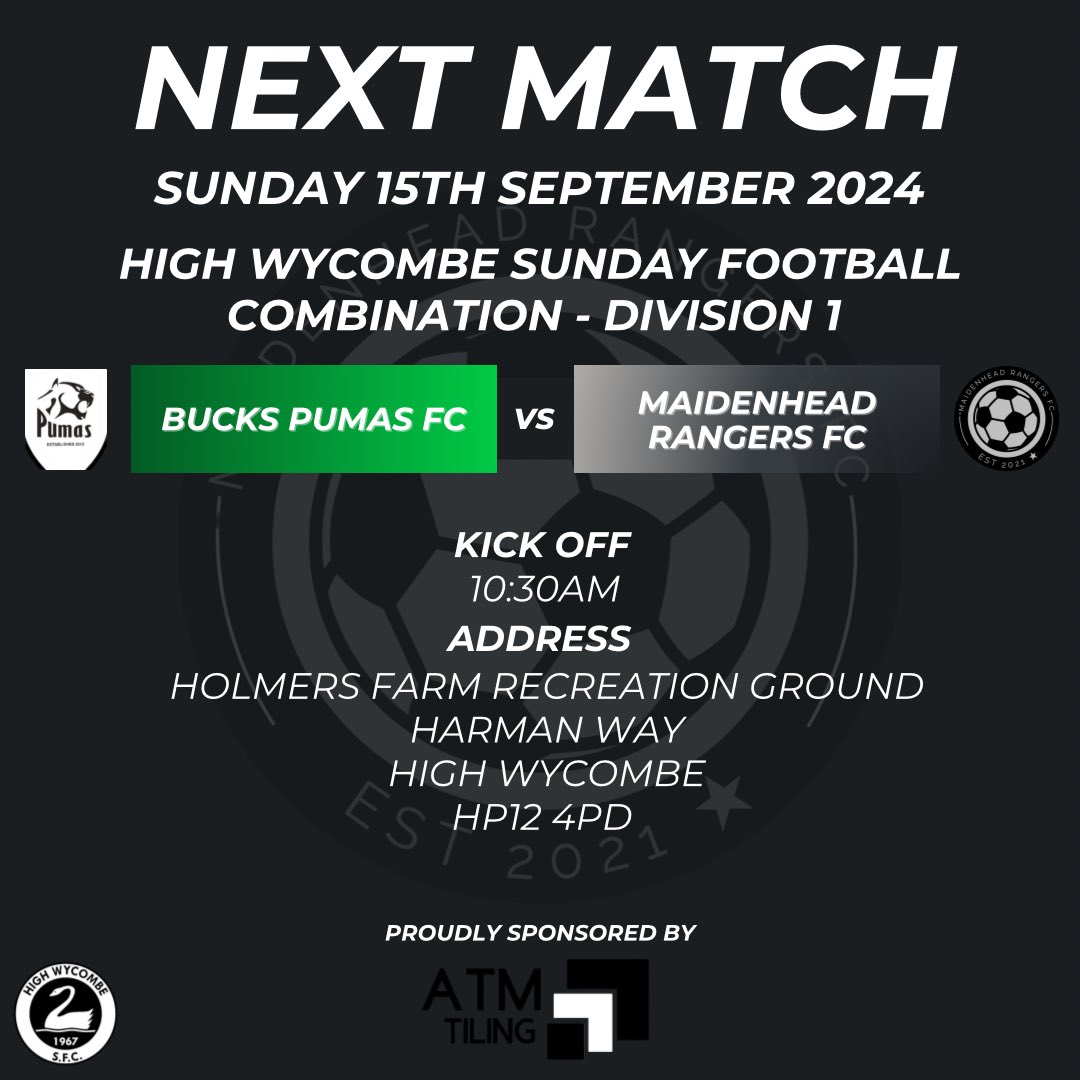 MaidsRangersFC's tweet photo. This one should be juicy as we take on Bucks Pumas away in the 2nd game! The boys will be looking to maintain the form, after a great first game of the season. UTR!
🆚 Bucks Pumas FC
⏰ Kick Off - 10:30am
🏟️ Holmers Farm Rec (HP12 4PD)
Proudly Sponsored By ATM Tiling https://t.co/J1JvU788WR