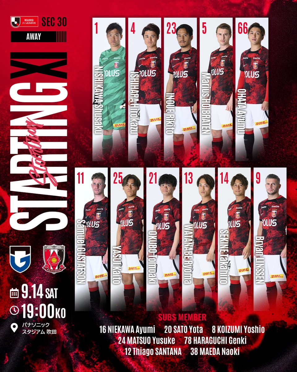 REDSOFFICIAL's tweet photo. ♦️G大阪戦 スターティングメンバー♦️

🗓️9/14(土)
🕖19:00
📍パナスタ

#urawareds #浦和レッズ #WeareREDS
#Jリーグ https://t.co/Uw8j3oK1jd