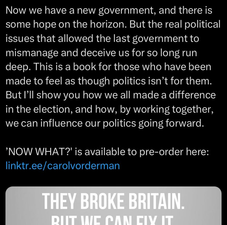 Not wishing to be unkind, but I’m somewhat sceptical that Carol and friends, and those who will buy this book, will do much, if anything, to fix Broken Britain. They think installing Starmer, Streeting and Reeves is a bold and big first step that they helped make happen ffs.