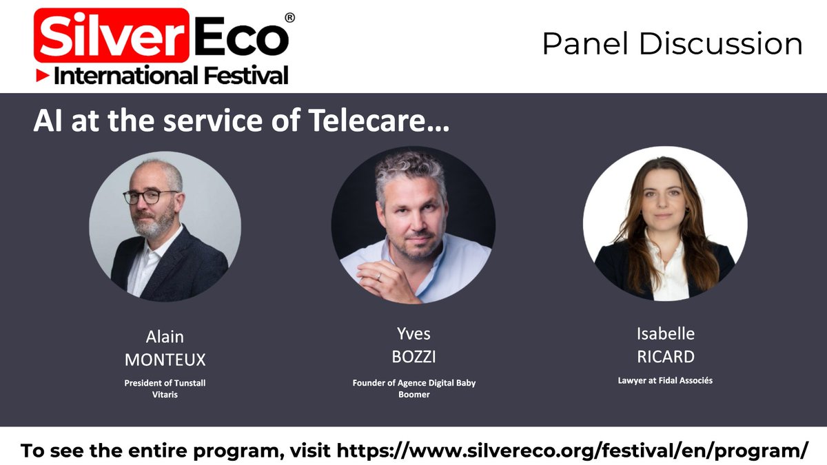 SilverEco.org/en (@silvereco_en) on Twitter photo “#AI at the service of #Telecare…”, a panel discussion with <a href="/tunstallvitaris/">Tunstallvitaris</a>, <a href="/digitalbabyboom/">Digital Baby Boomer</a> and the lawyer's office <a href="/FIDAL_avocats/">Fidal</a> at the #SilverEco & #AgeingWell International Festival 2024 !
Edit your B2B pass : silvereco.org/pass/subscribe… “#AI at the service of #Telecare…”, a panel discussion with <a href="/tunstallvitaris/">Tunstallvitaris</a>, <a href="/digitalbabyboom/">Digital Baby Boomer</a> and the lawyer's office <a href="/FIDAL_avocats/">Fidal</a> at the #SilverEco & #AgeingWell International Festival 2024 !
Edit your B2B pass : silvereco.org/pass/subscribe…