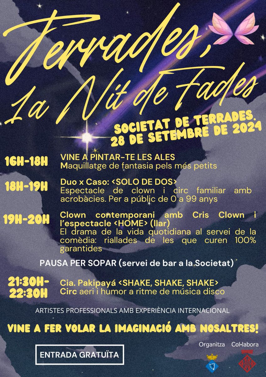 Bon dia!! Us presentem la 1a Nit de Fades de Terrades🧚🏼

El dissabte 28 de setembre es duran a terme un seguit d’activitats per a tothom relacionades amb el món de la fantasia, el clown i el CIRC AERI. 🤹🏼‍♀️🎪

VINE A FER VOLAR LA IMAGINACIÓ AMB NOSALTRES!!