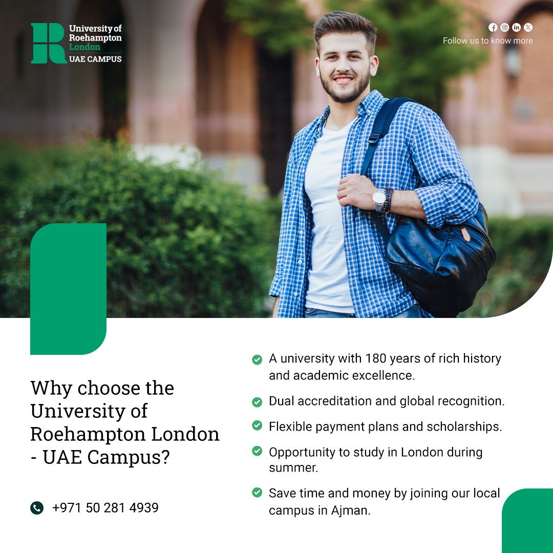 Join a university with a rich legacy and global recognition while studying at our new campus in Ajman!
Elevate your skills, boost your career—study while working and achieve your professional goals!
Learn More : roehampton.ae