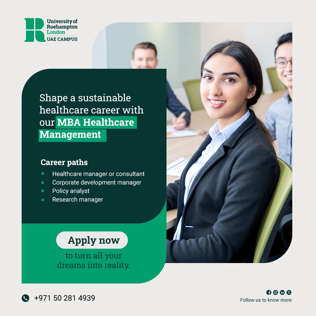 Ready to lead and innovate in the healthcare industry? Our MBA in Healthcare Management equips you with the skills to drive change and grow in this dynamic field. Explore more: roehampton.ae

#HealthcareManagement #MBA #CareerInHealthcare