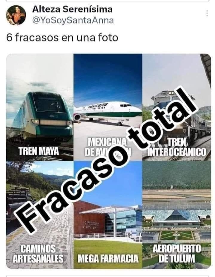 wsermaatra22's tweet photo. @YahuacaJor29330 @lopezdoriga @RosalindaQpross ¿Cuáles logros imbécil? Un AIFA y un tren Maya que tenemos que subsidiar. Una refineria que no refina y que a cada rato se inunda. Que el porro se acabó los miles de millones de pesos que le dejaron los corruptos prianistas y nos endeudó con 7 billones de pesos estúpid0. https://t.co/hPYVLQKB3i