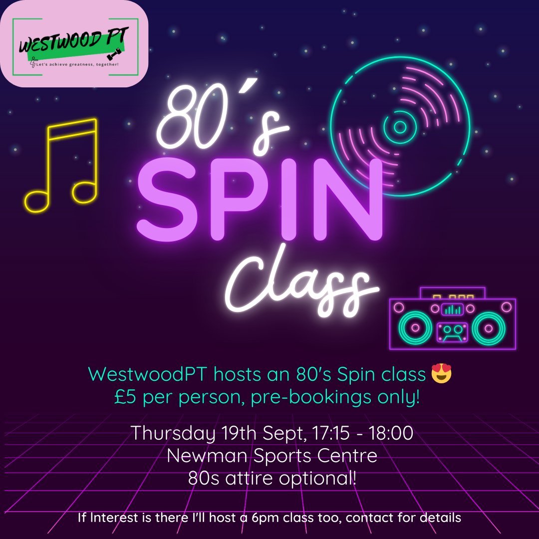 The return of 80s Spin!
I currently only have one space remaining for the 5.15pm class. So I'm going to open up a 6pm class too for this! 💪
Get in touch and book your place fast to confirm your bike 🕺
80s attire optional! 

RTs appreciated <a href="/NUSportsCentre/">Newman Sport & Fitness Centre</a>