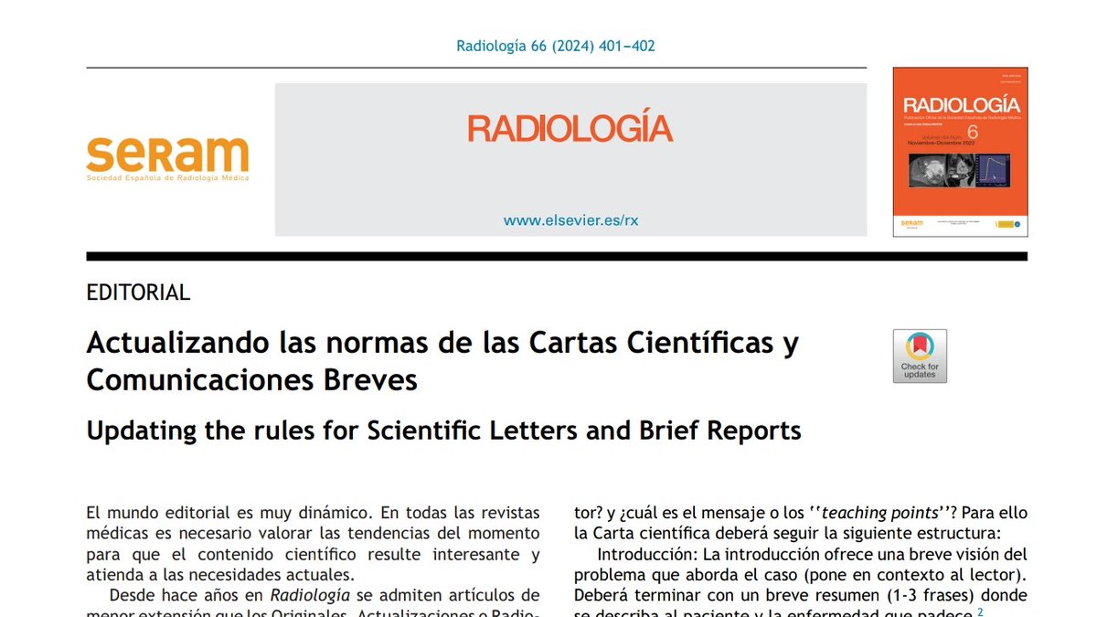 Conoces los cambios en las normas de las Cartas Científicas y Comunicaciones breves de la revista Radiología? Aquí las resumimos!
sciencedirect.com/science/articl…