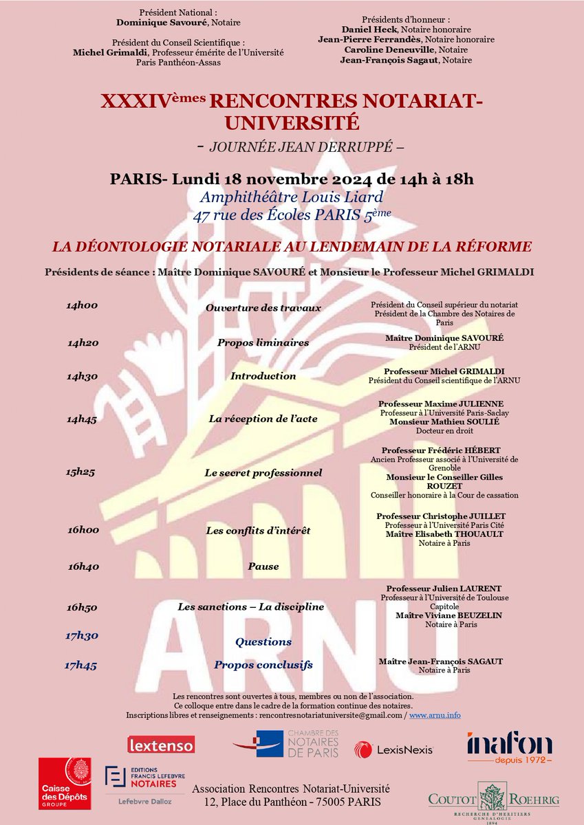 arnuinfo's tweet photo. Le prochain colloque de notre association aura lieu le 18/11 de 14h à 18h à la Sorbonne sur le thème de "la déontologie notariale au lendemain de la réforme". Inscription depuis notre site : https://t.co/7UJnOxkMOl. Ne manquez pas cet évènement ! https://t.co/iifHS20Pr2
