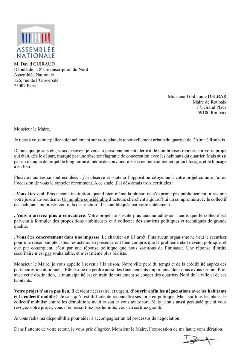 Monsieur le Maire de Roubaix,

Votre projet de démolition du quartier de l’Alma n’aura pas lieu. Vous êtes isolé, vous n’arrivez plus à convaincre, vous êtes dans une impasse. Sur tous les plans, le collectif des habitants mobilisés avait raison. 

Je vous demande donc