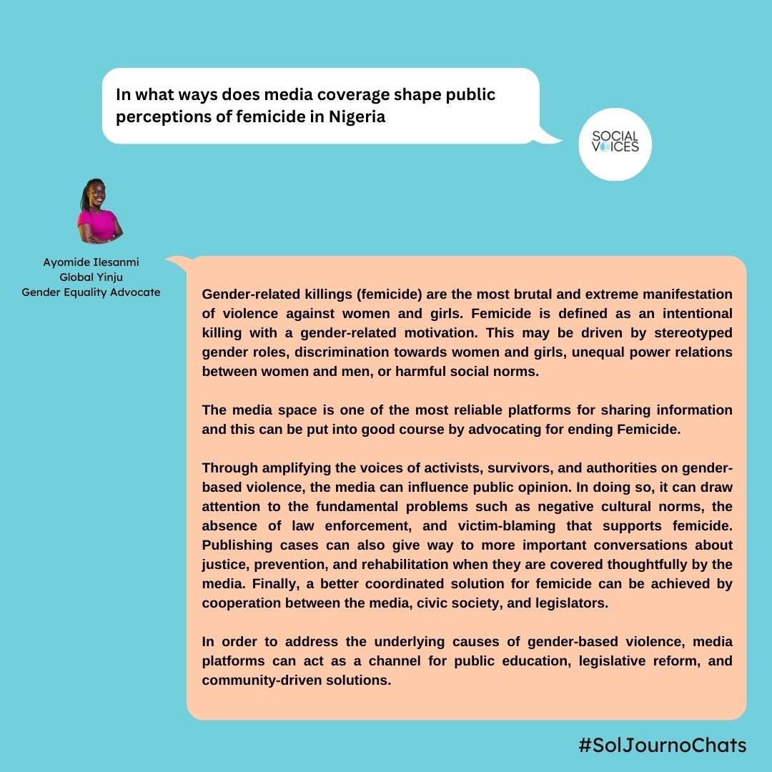 Social Voices (@socialvoicesngr) on Twitter photo With the alarming cases of femicide recently, for this week's #SolJournoChats, we chatted with two gender rights advocates, <a href="/phauxtina/">Isioma Faustina Odita | Qualified Teacher</a> and <a href="/_yinju_/">ASPIRING FIRST LADY 💫👸✨</a> on how the media can shape the perception of femicide in Nigeria.
Read, share, engage. Let's fight femicide.
#SolJournoChats With the alarming cases of femicide recently, for this week's #SolJournoChats, we chatted with two gender rights advocates, <a href="/phauxtina/">Isioma Faustina Odita | Qualified Teacher</a> and <a href="/_yinju_/">ASPIRING FIRST LADY 💫👸✨</a> on how the media can shape the perception of femicide in Nigeria.
Read, share, engage. Let's fight femicide.
#SolJournoChats
