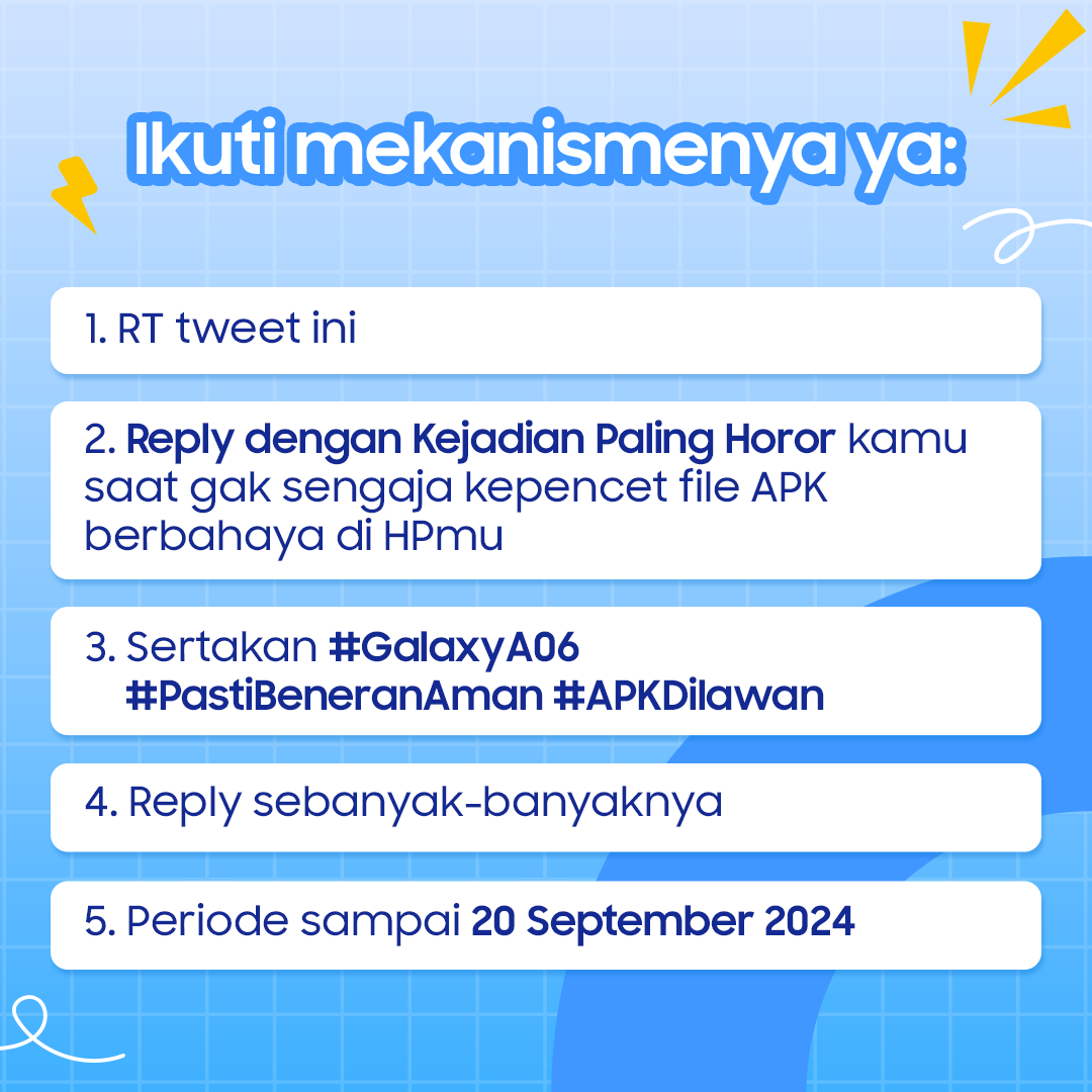samsungID's tweet image. Kalau punya Galaxy A06 yang ada Samsung Knox Vault nya sih, gak perlu panik, APK dilawan!

Kejadian horor saat gak sengaja kepencet file APK berbahaya versi kamu apa? RT tweet ini &amp;amp; reply dgn ceritamu, sertakan #GalaxyA06 #PastiBeneranAman #APKDilawan

Sampai 20 September 2024🥳