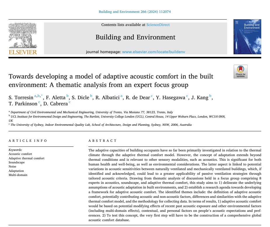 🔭 Exploring the concept of adaptive acoustic comfort by bringing together experts from often distant communities, such as #soundscape and adaptive #thermalcomfort, around a partially virtual table. The results are collected in this new <a href="/BNEJournal/">Building and Environment</a> paper:
sciencedirect.com/science/articl…