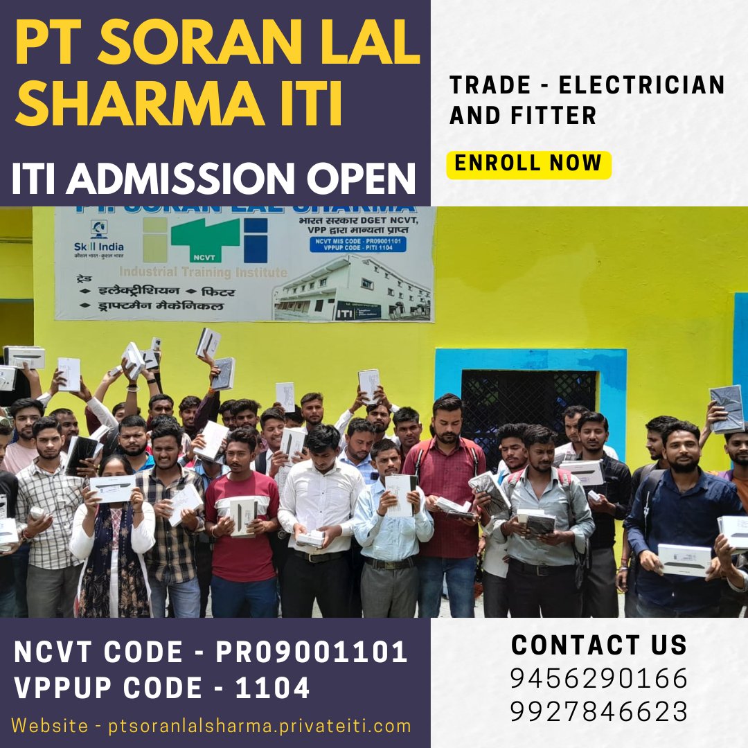 PtslsPvt's tweet image. ITI courses at PT Soran Lal Sharma ITI college
.
PT Soran Lal Sharma ITI — ITI Admission Session 2024-25
.
Contact Us For ITI Admission 2024 — 9927846623, 9456290166
.
Website — ptsoranlalsharma.privateiti.com
. 
#ITICourses #PTSoranLalSharmaITI #ElectricianTrade #FitterElectrician