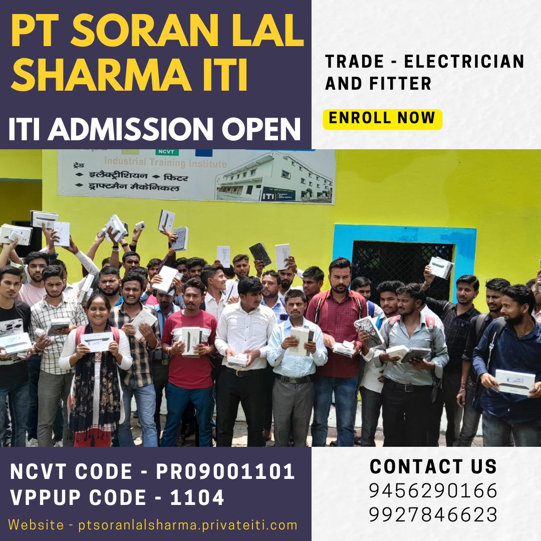 PtslsPvt's tweet image. PT Soran Lal Sharma ITI Moradabad – Apply Now
.
PT Soran Lal Sharma ITI — ITI Admission Session 2024-25
.
Contact Us For ITI Admission 2024 — 9927846623, 9456290166
.
Website — ptsoranlalsharma.privateiti.com
. 
#ApplyNow2024 #PTSoranLalSharmaITI #FitterElectrician #ElectricianCourses