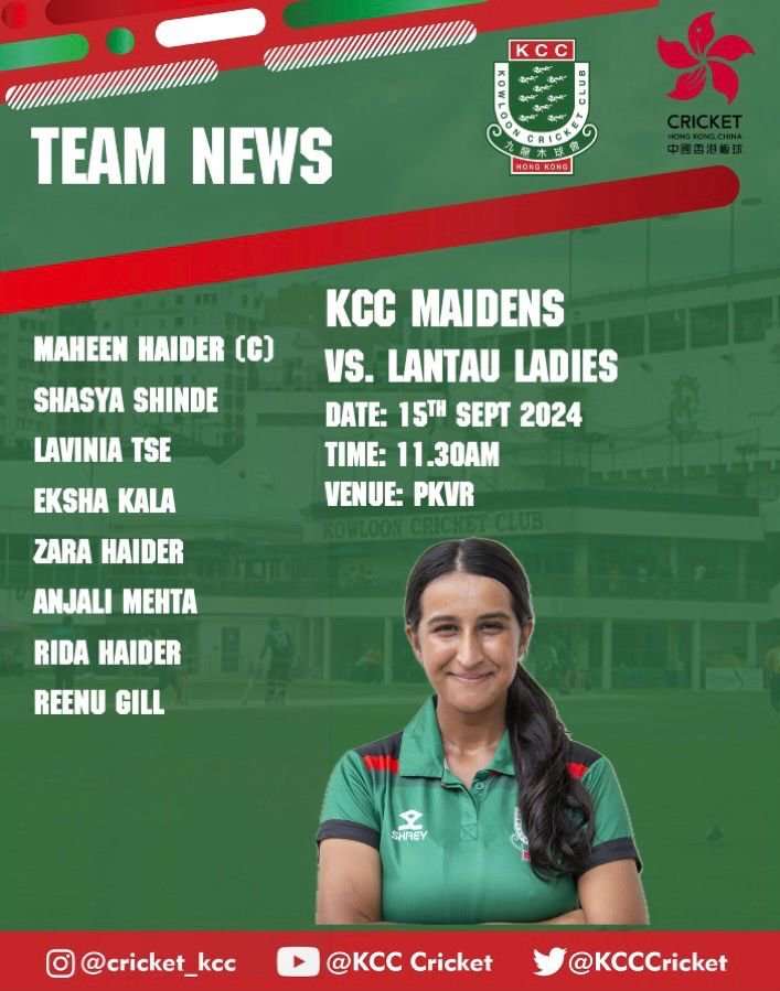 KCCCricket's tweet photo. 🚨Teams News🚨

KCC Templars 🆚 HKCC Wanderers
🏆 Sunday Elite League Division 1
📅 15th September 2024
📍 Kowloon Cricket Club
⏰ 10am
📽️🎙️: https://t.co/JEKflhVGQe

KCC Maidens 🆚 Lantau Ladies
🏆 Women’s T20 League Division 1
📅 15th September 2024
📍 PKVR
⏰ 11.30 https://t.co/mEE2a2fnPy