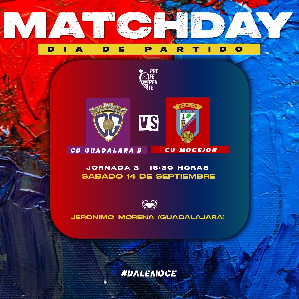 ¡MATCHDAY! ❤️💙 | ⚽️ ¡Primera salida de la temporada con dirección a la capital alcarreña!

🆚 #CDGuadalajaraB
⌚️ 18:30 horas
🏟️ Jerónimo Morena
⚖️ José Miguel García Alarcón 

#dalemoce