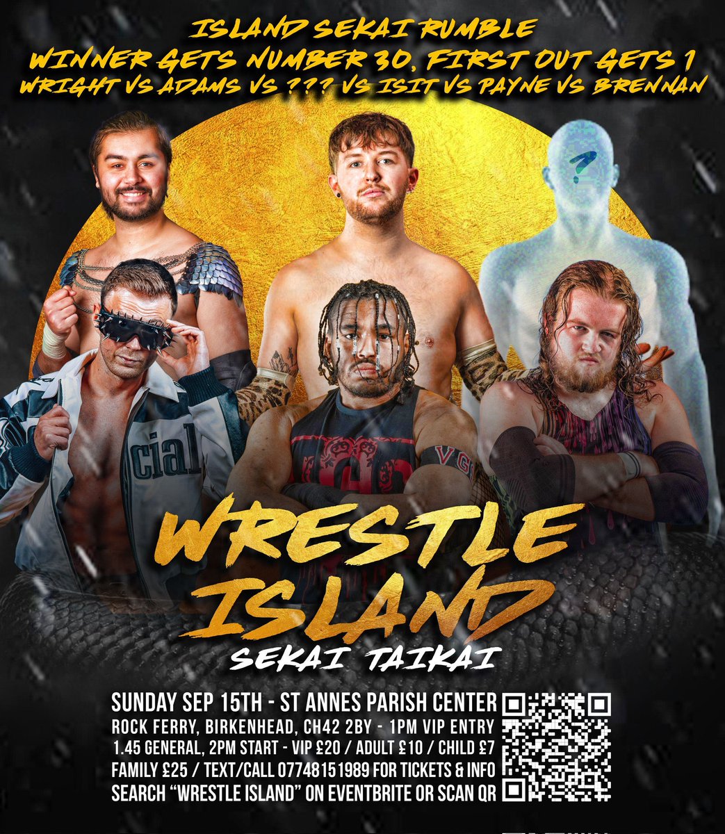 Tomorrow <a href="/WRSTLEIsland/">Wrestle Island🍥</a> at St Anne’s Parish Centre in Birkenhead

Island Sekai Rumble 
Winner Gets #30, First Out Gets #1 
<a href="/tony_wright97/">The Leading Man 🎞</a> v <a href="/itstyleradams__/">Tyler Adams</a> v <a href="/itsdannyisit/">Danny Isit</a> v <a href="/TheKCPayne/">KC Payne👑🇯🇲</a> v <a href="/CharlieWrestler/">Charlie Brennan</a> v ???