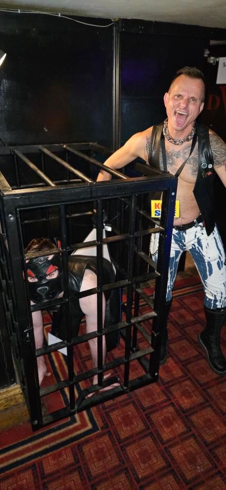 PupReggie's tweet image. Been a while but I had to share my new favourite picture of myself. 

Not even the protection of a cage and tight leather jeans could save my tighty whities from the wrath of this Hot dom bully 😭🥵