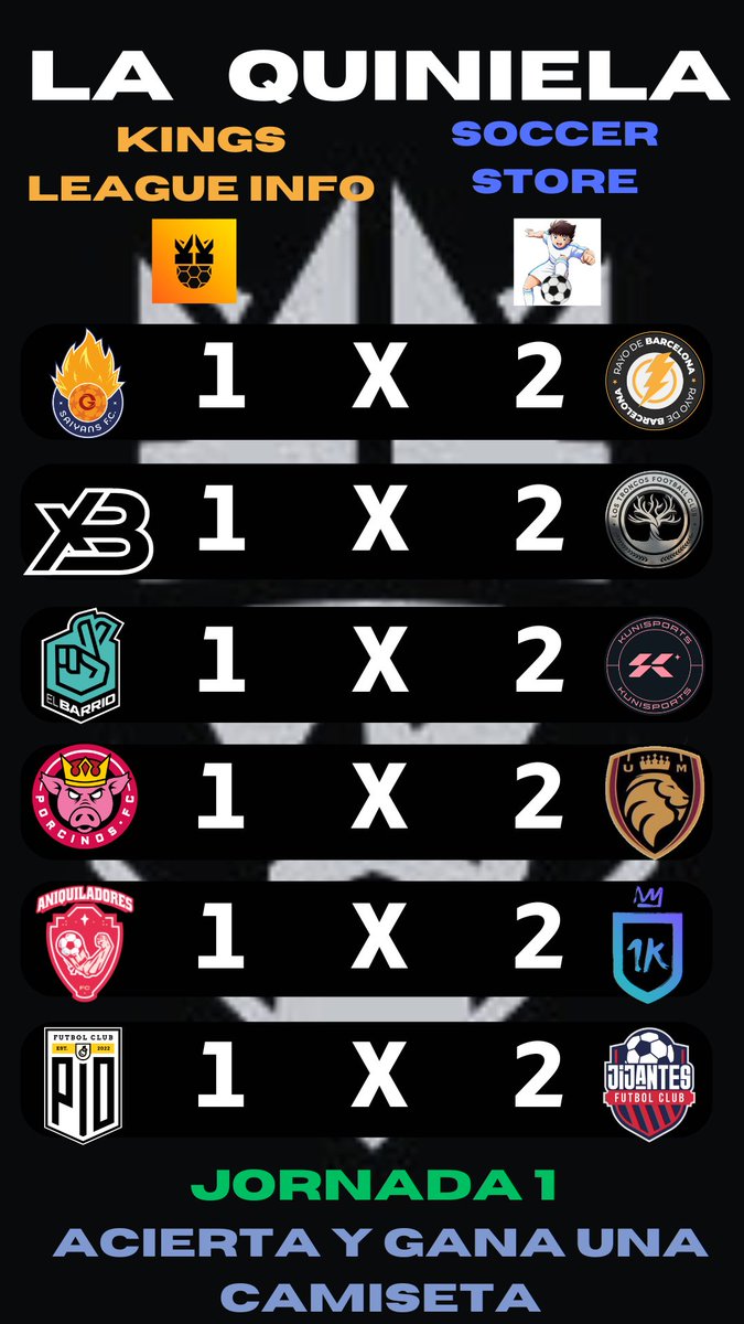 𝐋𝐀 𝐐𝐔𝐈𝐍𝐈𝐄𝐋𝐀 de la #KingsLeague  

👉 Con la llegada del nuevo split, estrenamos la quiniela para 𝐆𝐀𝐍𝐀𝐑 𝐔𝐍𝐀 𝐂𝐀𝐌𝐈𝐒𝐄𝐓𝐀, tienes que hacer esto para participar:

- Seguir a <a href="/KingsLeagueInfo/">Kings League Info</a> y a <a href="/CamisetasFut22/">Soccer Store</a> 
- RT
- Comenta tu predicción con 1 X 2