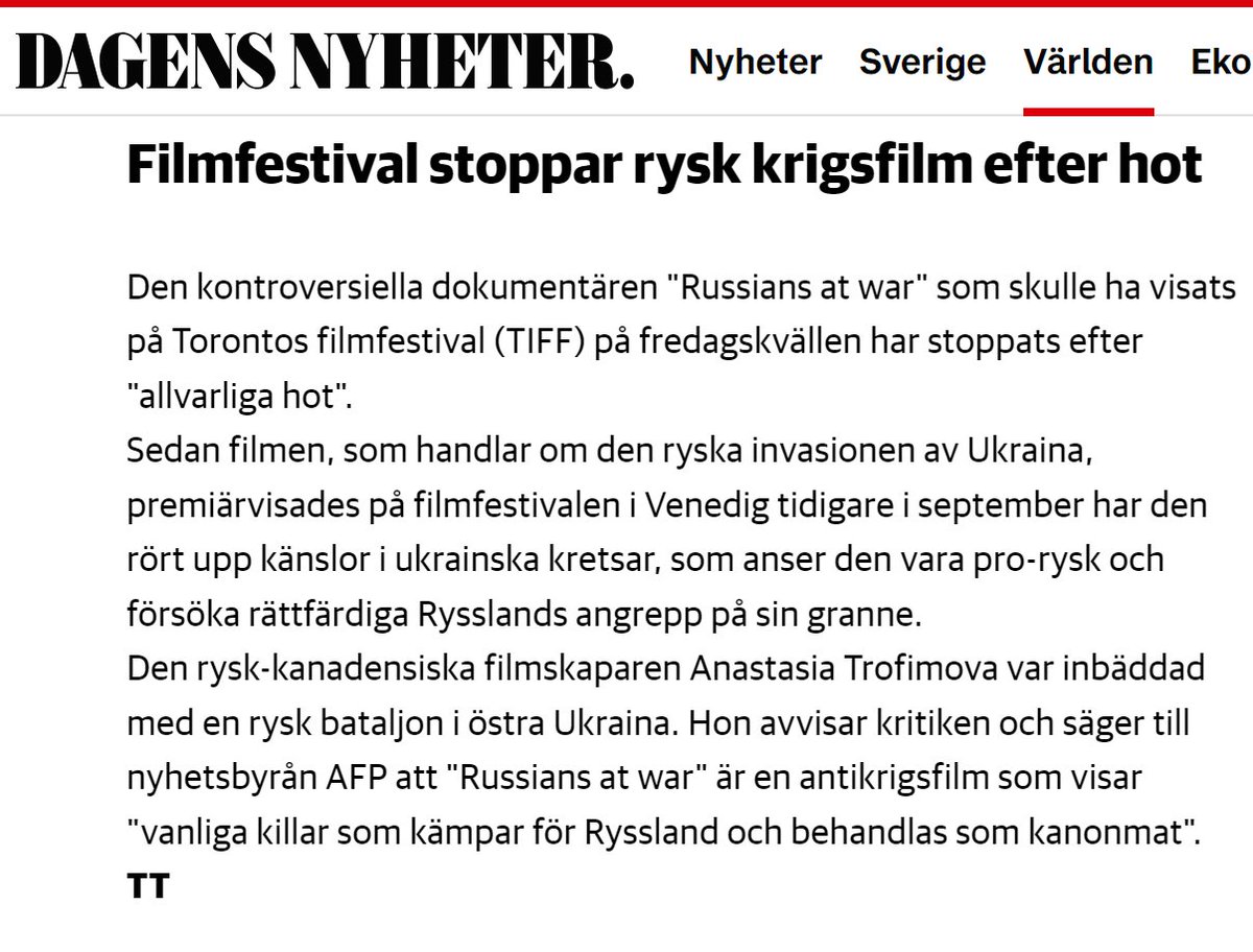 heartsteered's tweet image. Dokumentären "Russians at war" som skulle ha visats på #Torontos filmfestival har stoppats efter "allvarliga hot". #Filmen om den #ryska invasionen av #Ukraina har den rört upp känslor i Ukraina, som anser den vara pro-rysk &amp;amp; försöka rättfärdiga #Rysslands #angrepp. #svpol #föpol