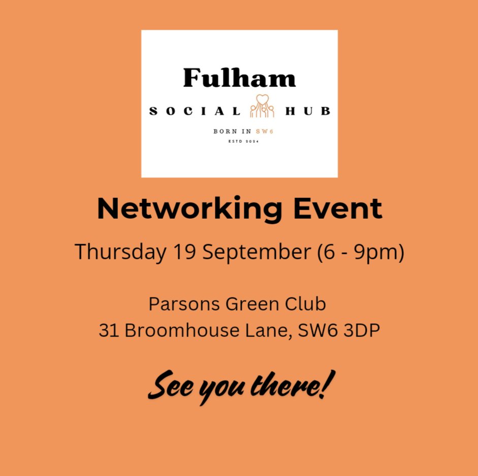 Not long until Fulham Social Hub's next event - all SW6 residents &amp; businesses welcome! Great opportunity to connect with members of our community bit.ly/FSHSeptsocial #fulham #community #SW6 #network #connect