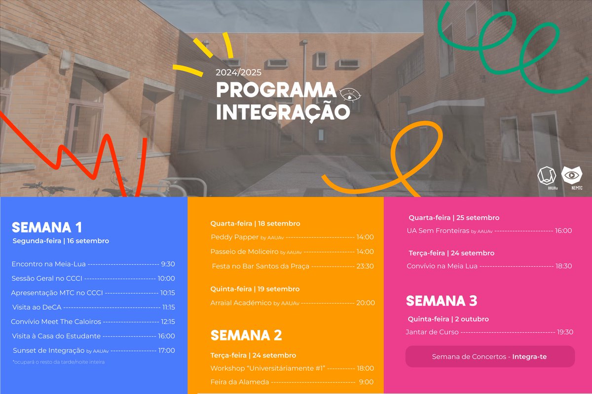 Ansioso para o teu primeiro dia de aulas na Universidade de Aveiro? O NEMTC está ansioso para te conhecer! 💚

Este será o teu programa de Integração 24/25, por isso aponta já tudo na tua agenda! ⚡️