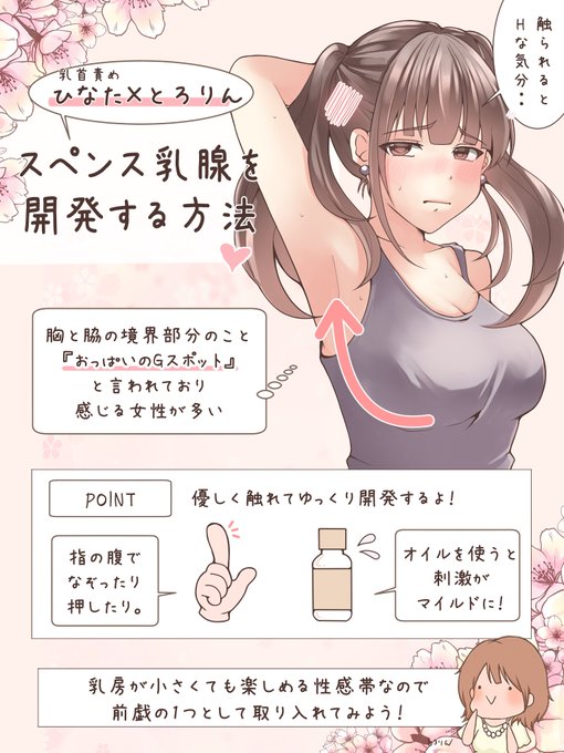 【スペンス乳腺を開発するコツ】

①体を温める
②部屋を暗くする(集中力UP)
③優しく触れる
④色々な刺激を試す

痛みが出ないよう弱い刺激から始めるのがポイント。指の腹で強弱をつけて触れたりオイルを使って感触を変えたり。乳首責め前の焦らしとしてもガチ有効…

原案作成👉@tikubi_lovelove 