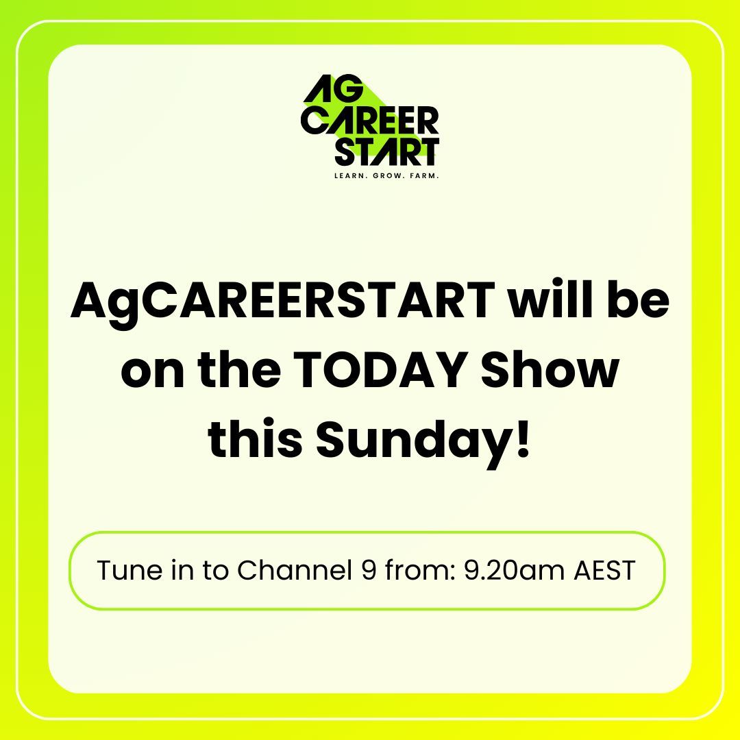 AgCAREERSTART's tweet image. Grab a coffee and tune in to the TODAY show, tomorrow morning at 9.20am AEST to see Alumni Julian and team member Chloe chat all things AgCAREERSTART! 

#todayshow
#channelnine
#youngpeopleinagriculture