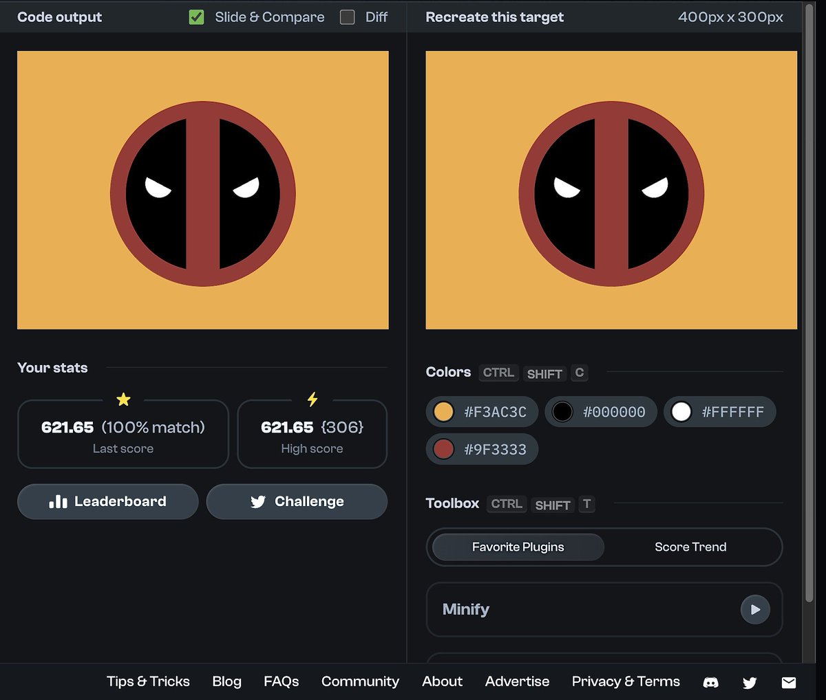 nwoye_ezekiel's tweet image. CSS Battle Challenge #8 🚀
Ranked 47th globally for this one. We’re making progress!
100% match or nothing! 🙅🏽♂️
Here's the link to the challenge: cssbattle.dev/play/204
#CSS #CSSBattle #Deadpool