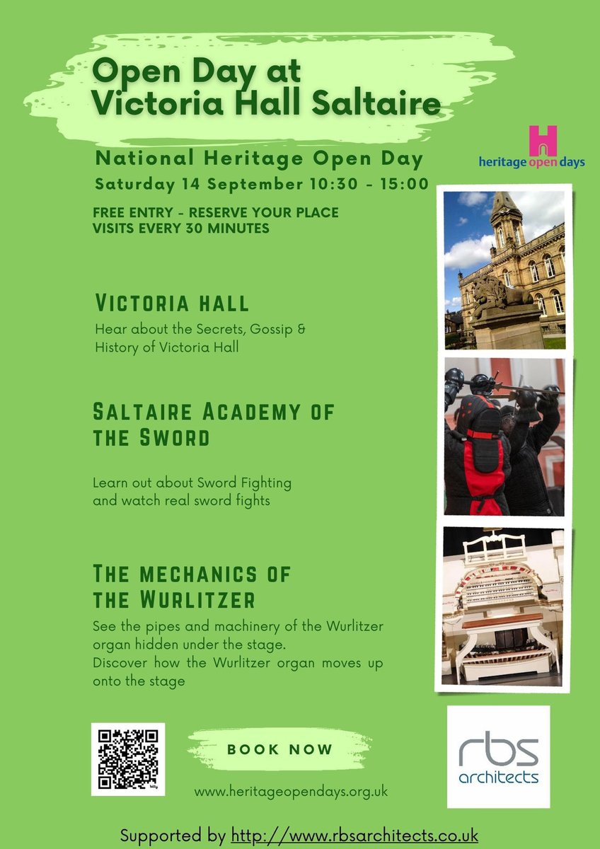 Alongside the Saltaire Festival there is a National Heritage Open Day at Victoria Hall in Saltaire as part the #NationalHeritageWeekend. We're pleased to sponsor this event - do come along between 10.30am and 3pm on Saturday 14th September at Victoria Hall in Saltaire!