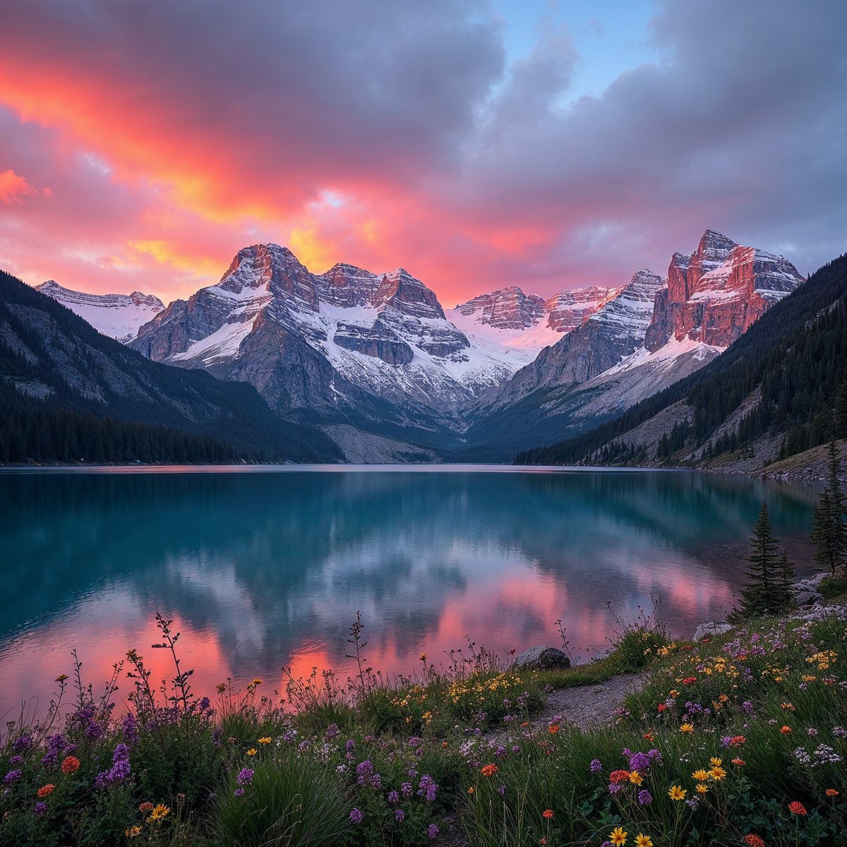 🌄✨ Witness the breathtaking beauty of nature! The vibrant sunset paints the mountains, reflecting perfectly on the serene lake below. 🌸🌊 Who's ready for an adventure in the great outdoors? #NatureLovers #Sunset #ScenicView #AdventureAwaits #LandscapePhotography