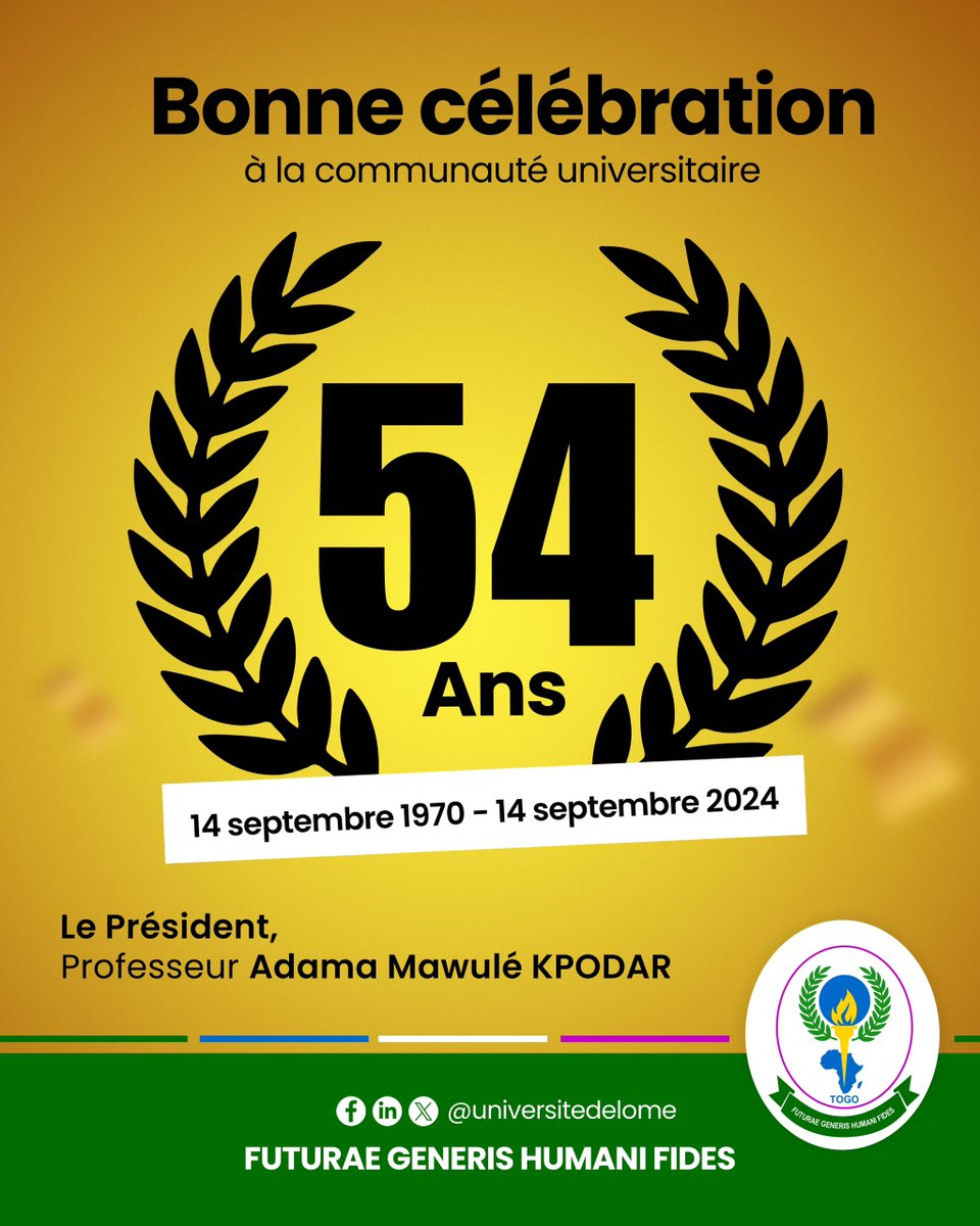 UniveLomeTg's tweet photo. 14 septembre 1970 - 14 septembre 2024.
@UniveLomeTg a aujourd'hui 54 ans! Bonne célébration à l'ensemble de la communauté universitaire. Merci au @GouvTg, à la @PresidenceTg, aux partenaires et aux alumni.
#PnudTogo
#Banquemondiale
#OMSTogo
#auf_org
#LeCames
#kmnatchaba https://t.co/6srZJXzjVo