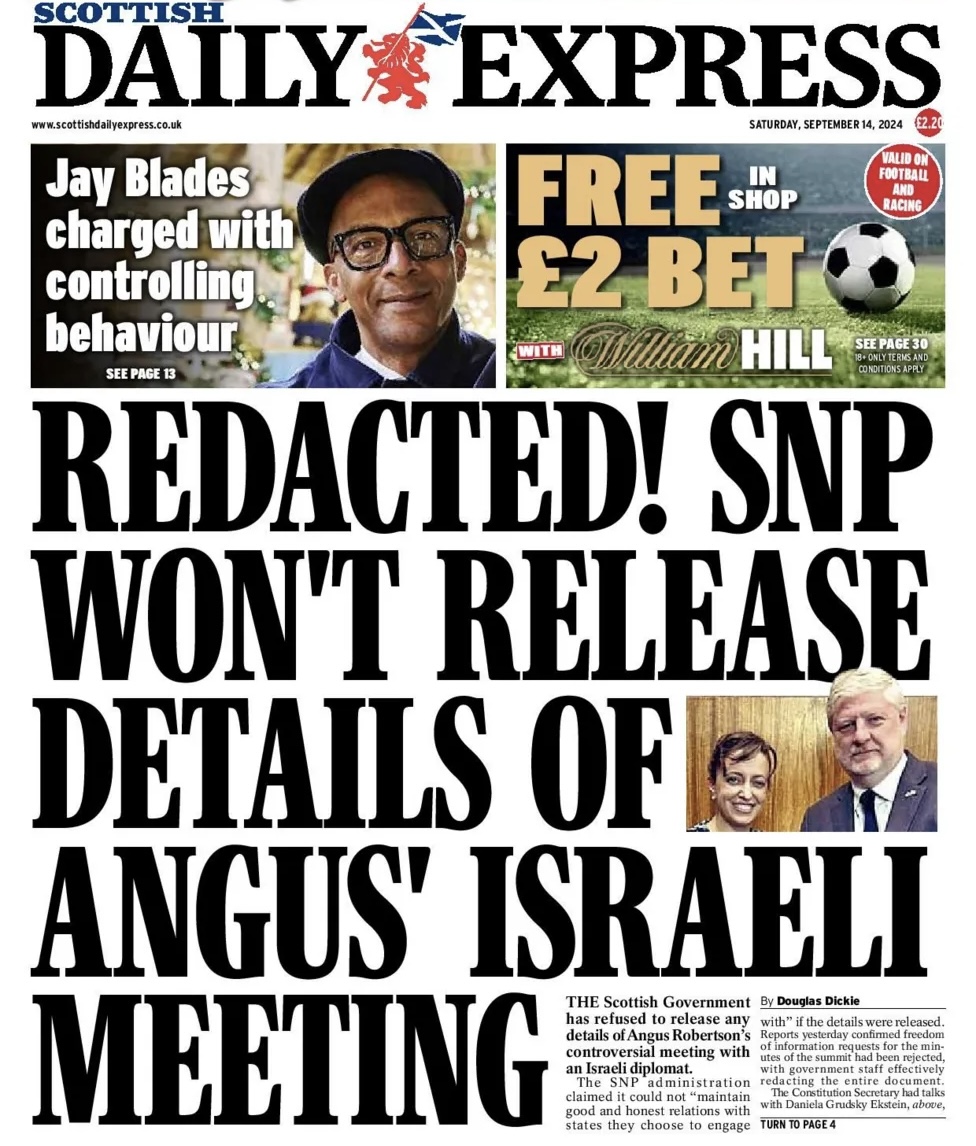 Fyrishsunset's tweet photo. Why would the Scottish Government effectively redact the entire minute of a meeting between Angus Robertson and an Israeli diplomat? https://t.co/ooq3mzPHXR